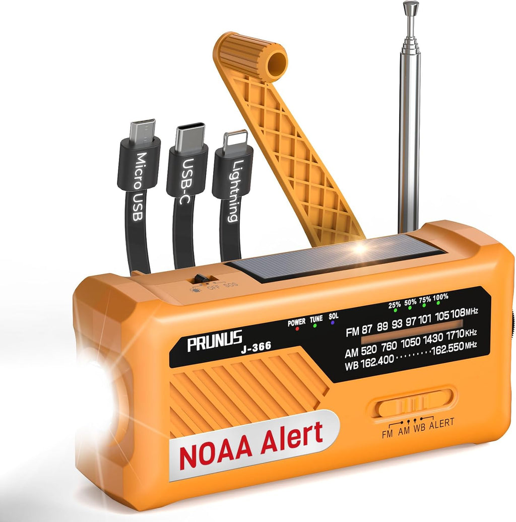J-366 Emergency Radio with 3 Charging Cables, NOAA Weather Alert | 7400mWh/Solar/Hand Crank/USB-C Charging, Battery