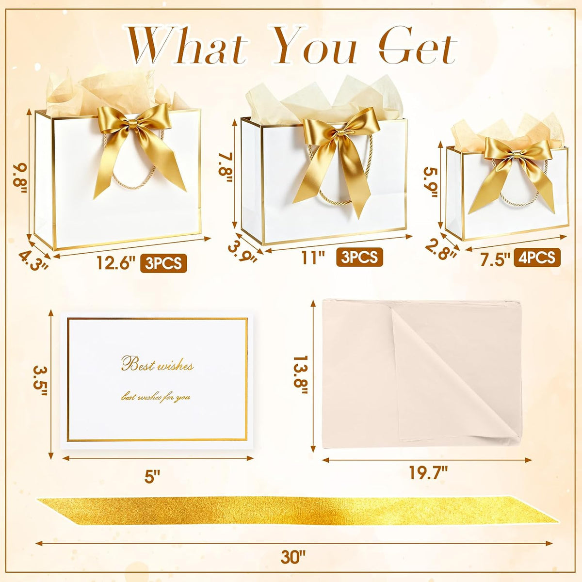 10 Set White and Gold Gift Bags Assorted Sizes with Tissue Paper
