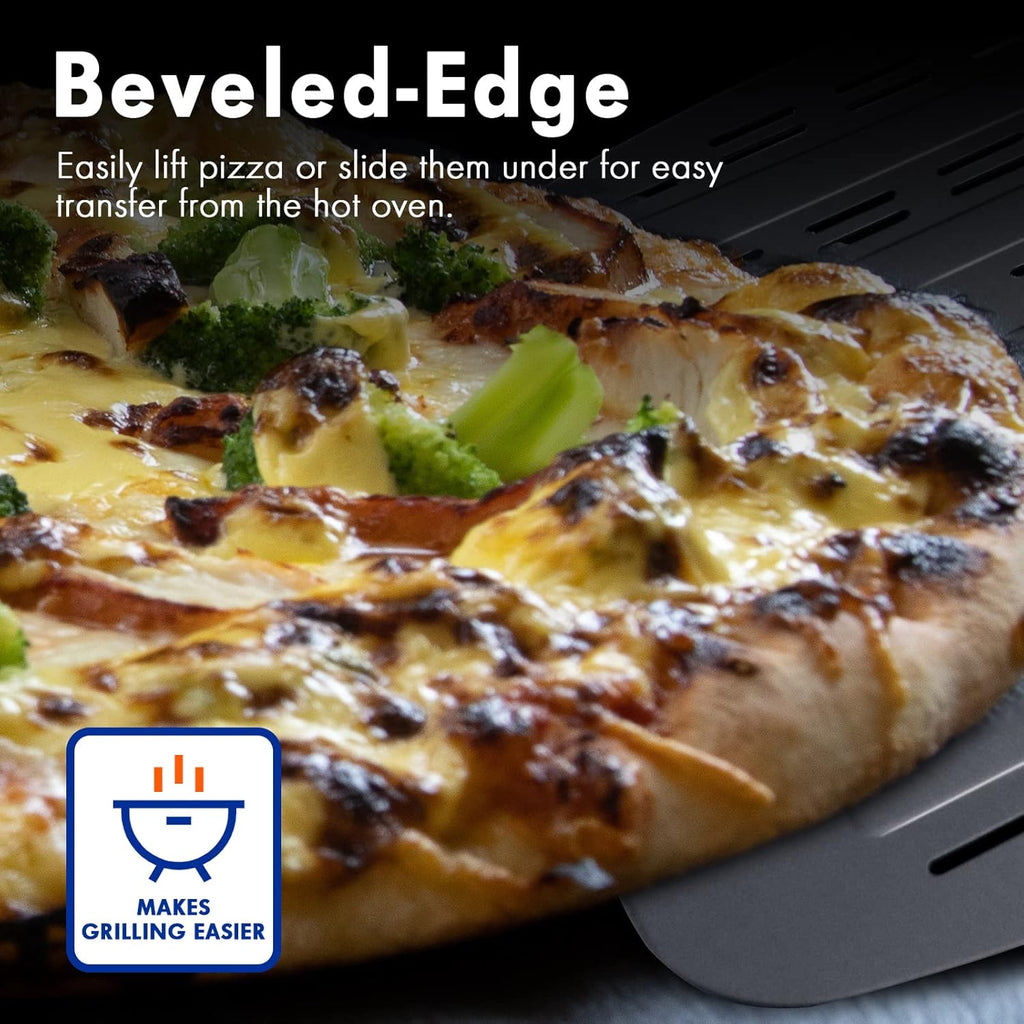 Professional Aluminum Pizza Paddle, 12 Inch Perforated, Restaurant Grade, Long Handle Non-Stick Metal Pizza Peel for