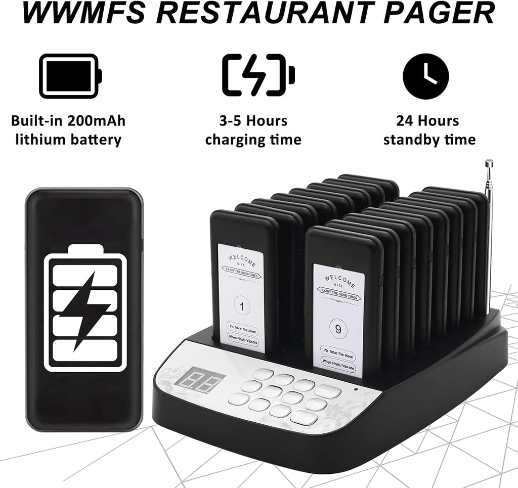 16 Wireless Buzzers Pager System Set with Vibration and Flashing Black