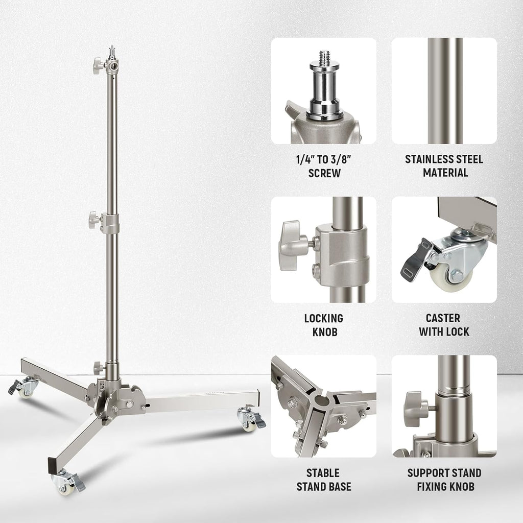 Heavy Duty Light Stand with Casters, Max Height 3.2ft/98cm, Stainless Steel Foldable Adjustable Tripod, Photography