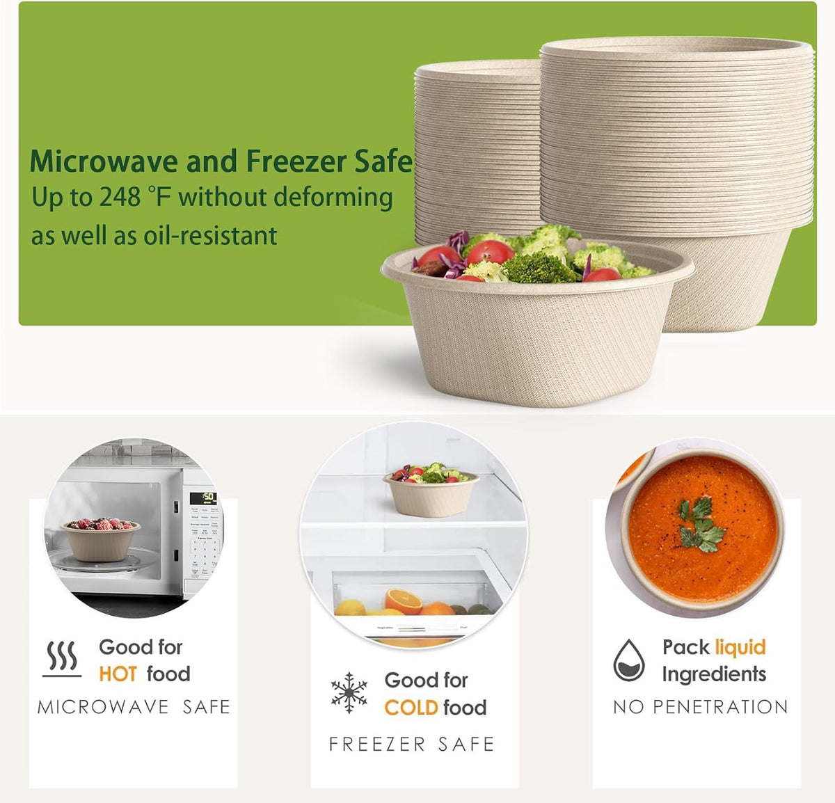 32 Ounce Large Paper Bowls Disposable Soup Bowl Disposable Heavy Duty Compostable Bowls, Eco-friendly Sugarcane and