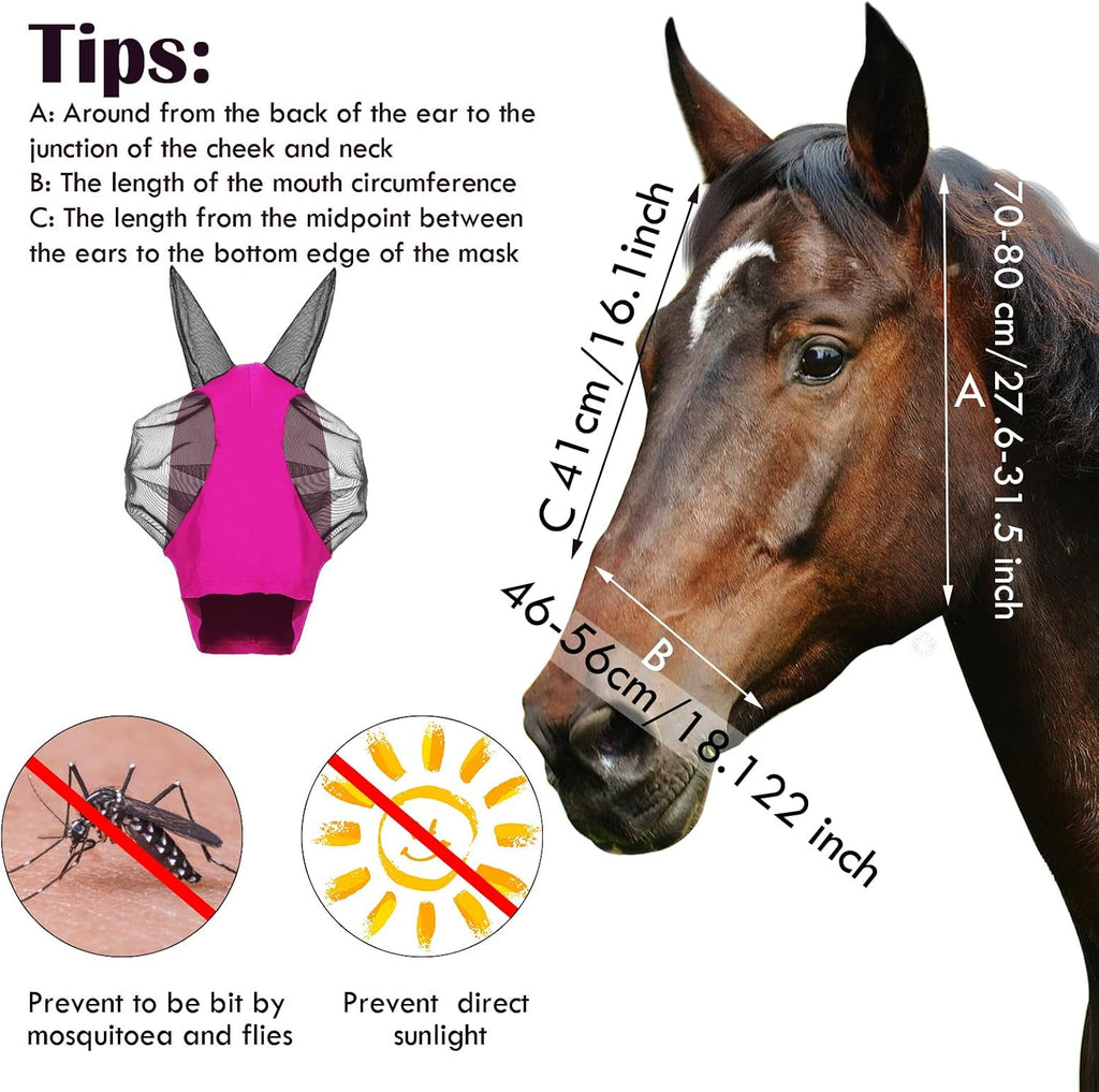3 Pcs Horse Fly Mask with Ears UV Protection Full Face Fly Masks for Horses Elastic Smooth Breathable Comfortable Fit