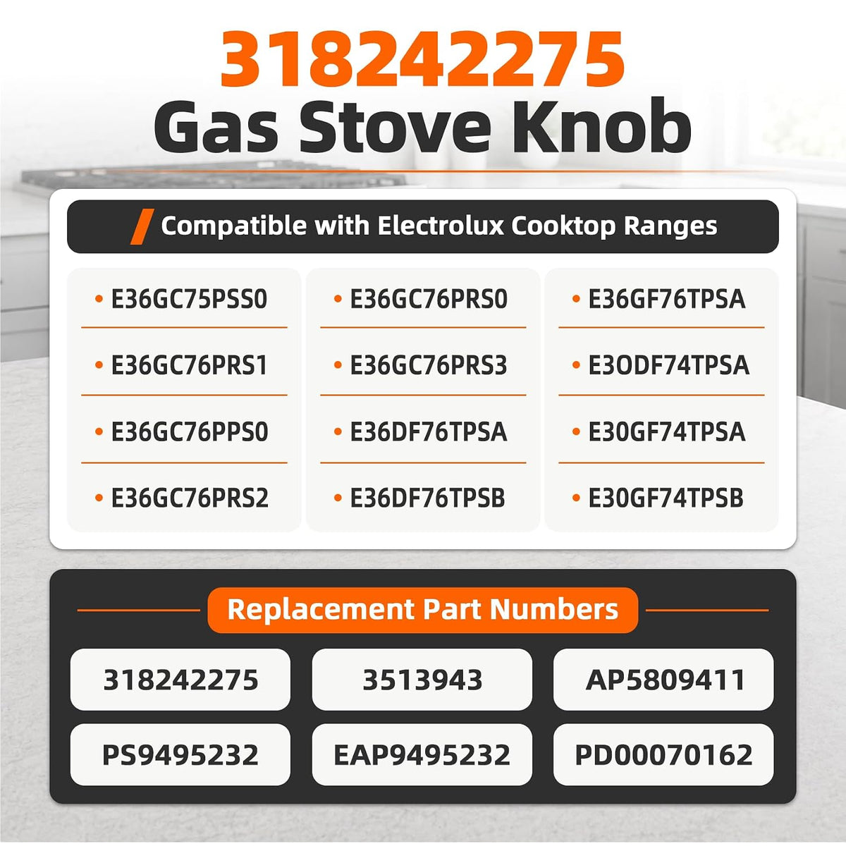 6 Pcs 318242275 Burner Control Knob for Electrolux Gas Cooktop Fits E30DF74TPSA E30GF74TPSA E36DF76TPSA E36GC76PPS E30GF74TPB Match Parts 3513943 AP5809411 PS9495232 EAP9495232