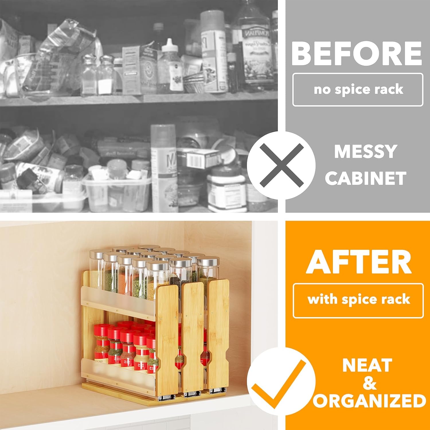 Bamboo Pull Out Spice Rack Organizer for Cabinet, Heavy Duty Slide Out Seasoning Kitchen Pantry Sliding Vertical