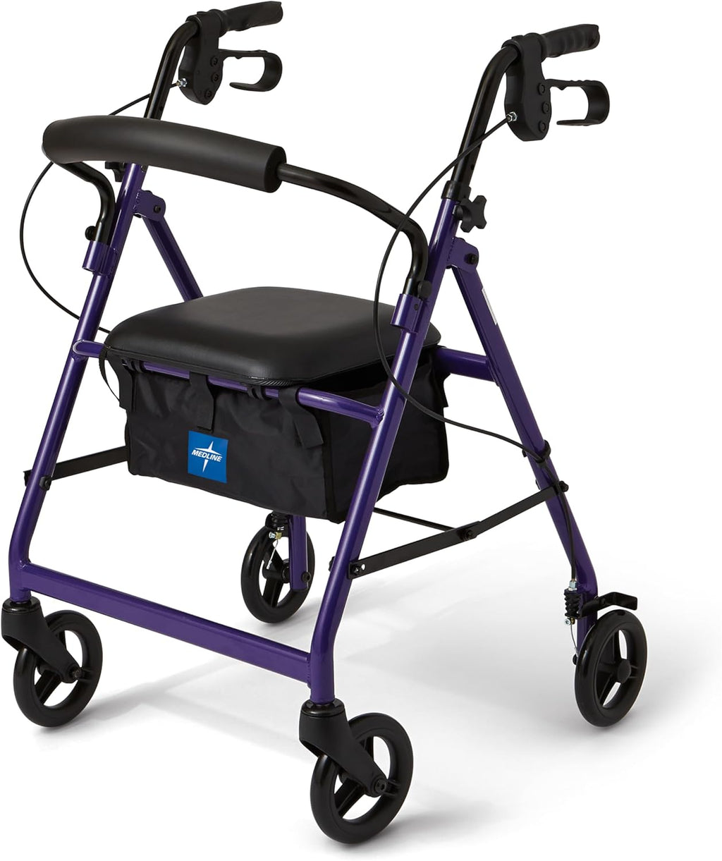 Aluminum Rollator Walker with Seat, Purple, 250 lb. Weight Capacity, Lightweight, 6” Wheels, Foldable, Adjustable