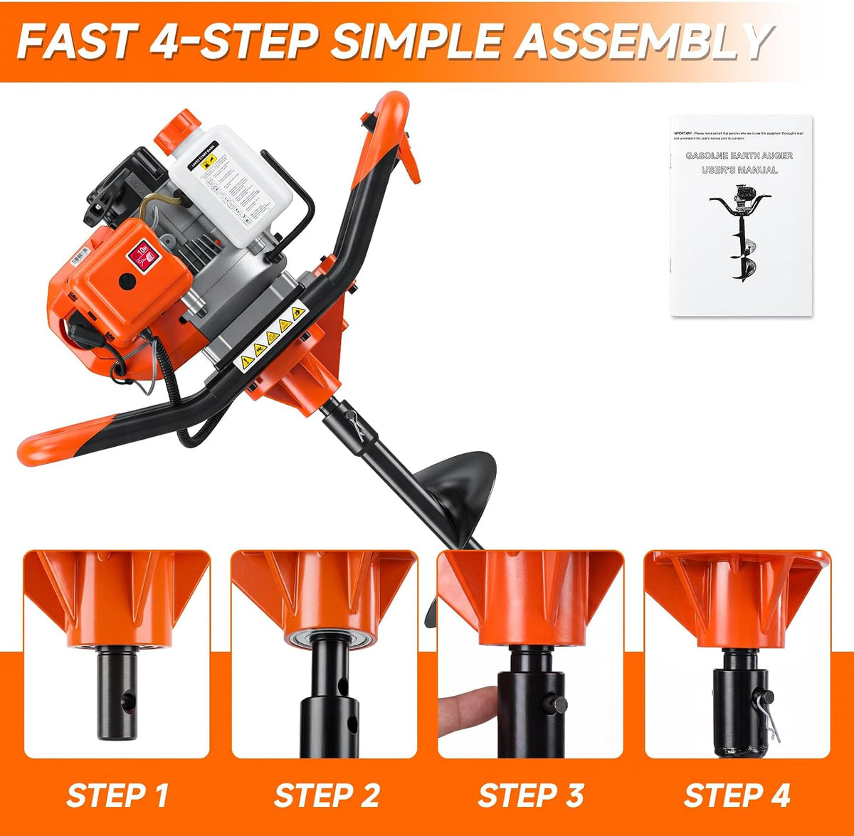 63CC 2 Stroke Earth Auger Post Hole Digger Gas Powered with 6"/8" Bit & Ext | 62" Max Digging Depth | 2 Auger Drill