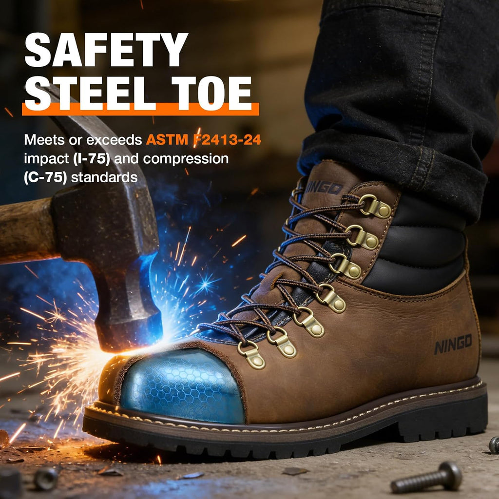 Steel Toe Work Boots for Men Durable Crazy Horse Leather Safety Boots | Goodyear Welt Non Slip EH Rated Sole, Water