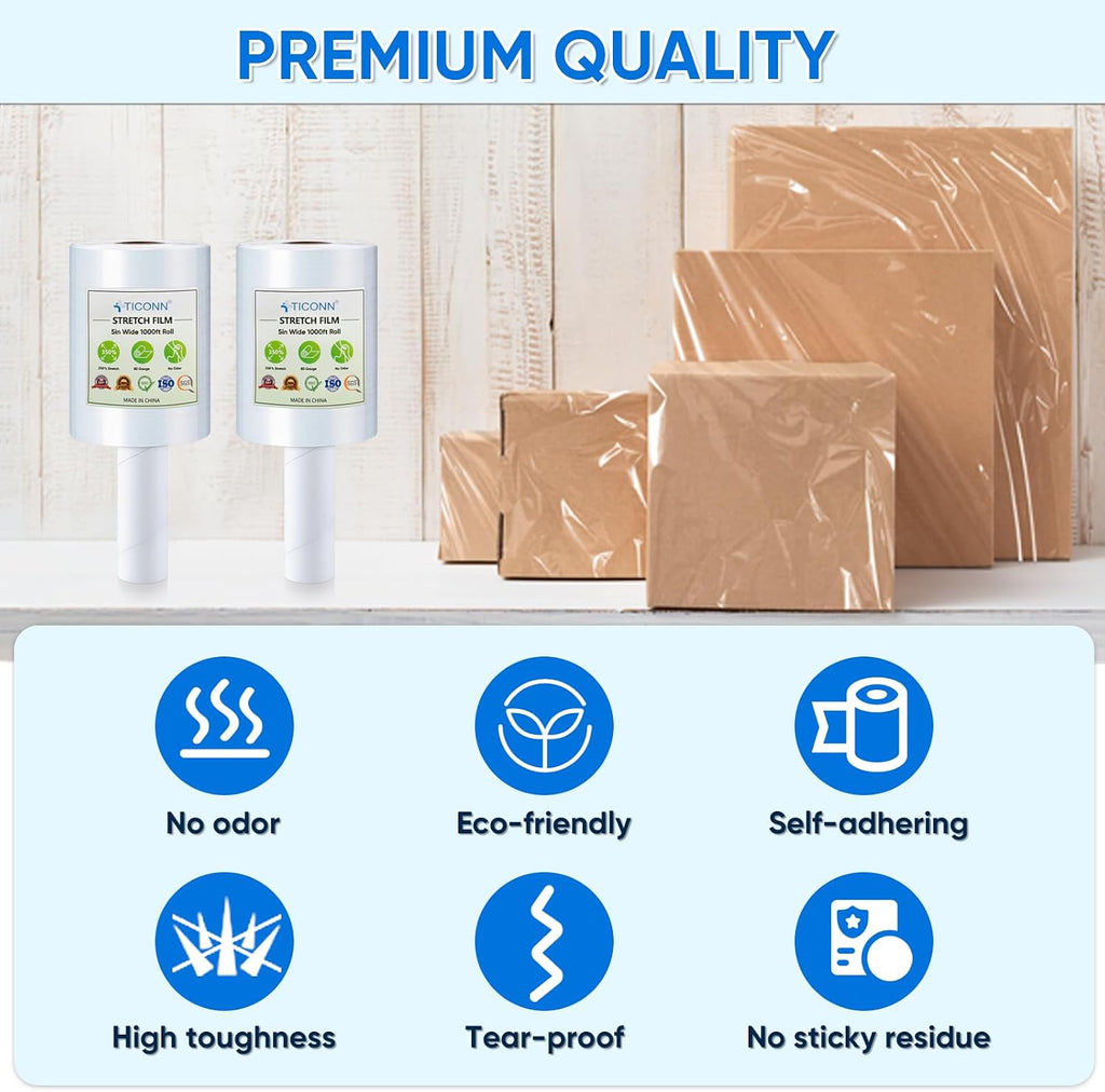 Stretch Wrap Stretch Film Roll, 1000ft Industrial Strength 5 inch Wide Clear Plastic Wrap with Handles for Pallet