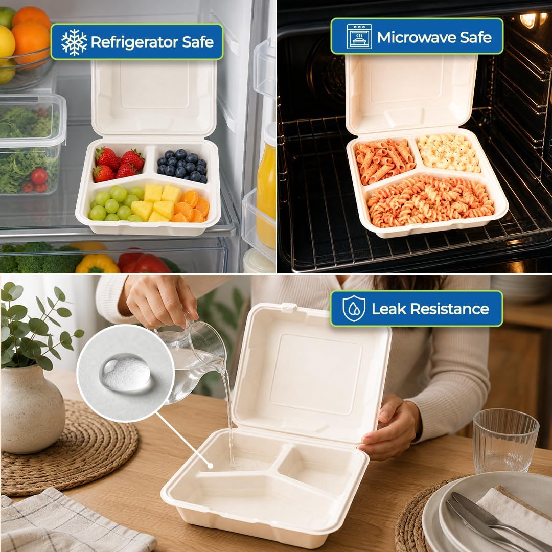 . 8x8'' Compostable 3-Compartment Takeout Containers,100 Pack, Eco-Friendly Biodegradable To Go Boxes, Heavy-Duty