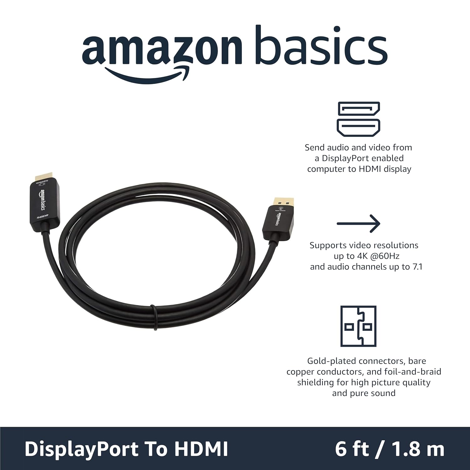 DisplayPort to HDMI Cable, Uni-Directional, 1080p, 1920x1200, 4K@60Hz, Works with DisplayPort Enabled Desktops and