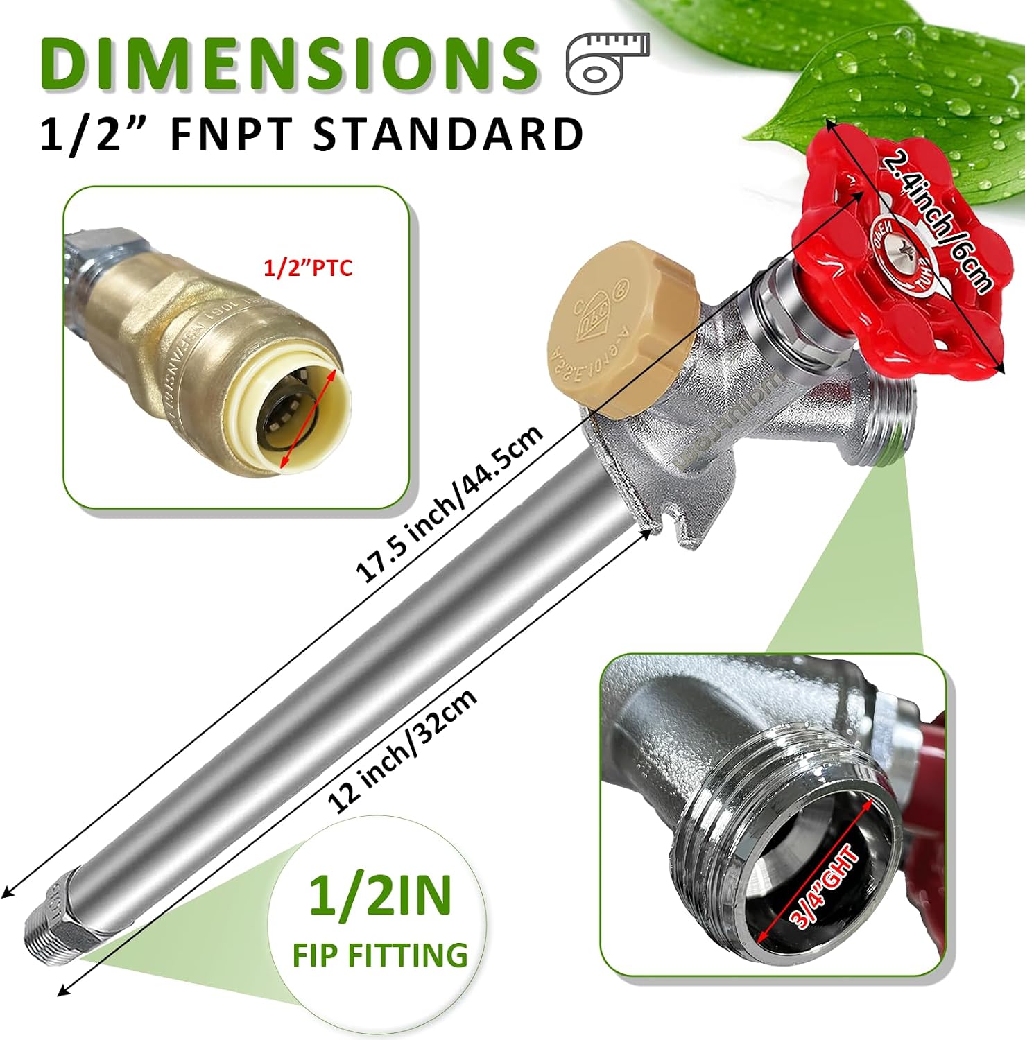 12 Inch Anti-Siphon Frost Free Sillcock Valve Multiturn 1/2 Inch NPT, 3/4 Inch Hose Bibb, Brass Body,Brass Valve 12