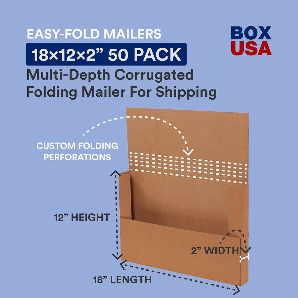 Flat Mailer Shipping Boxes 18"L x 12"W x 2"H Large 50-Pack | Corrugated Cardboard Box for Small or Large Business