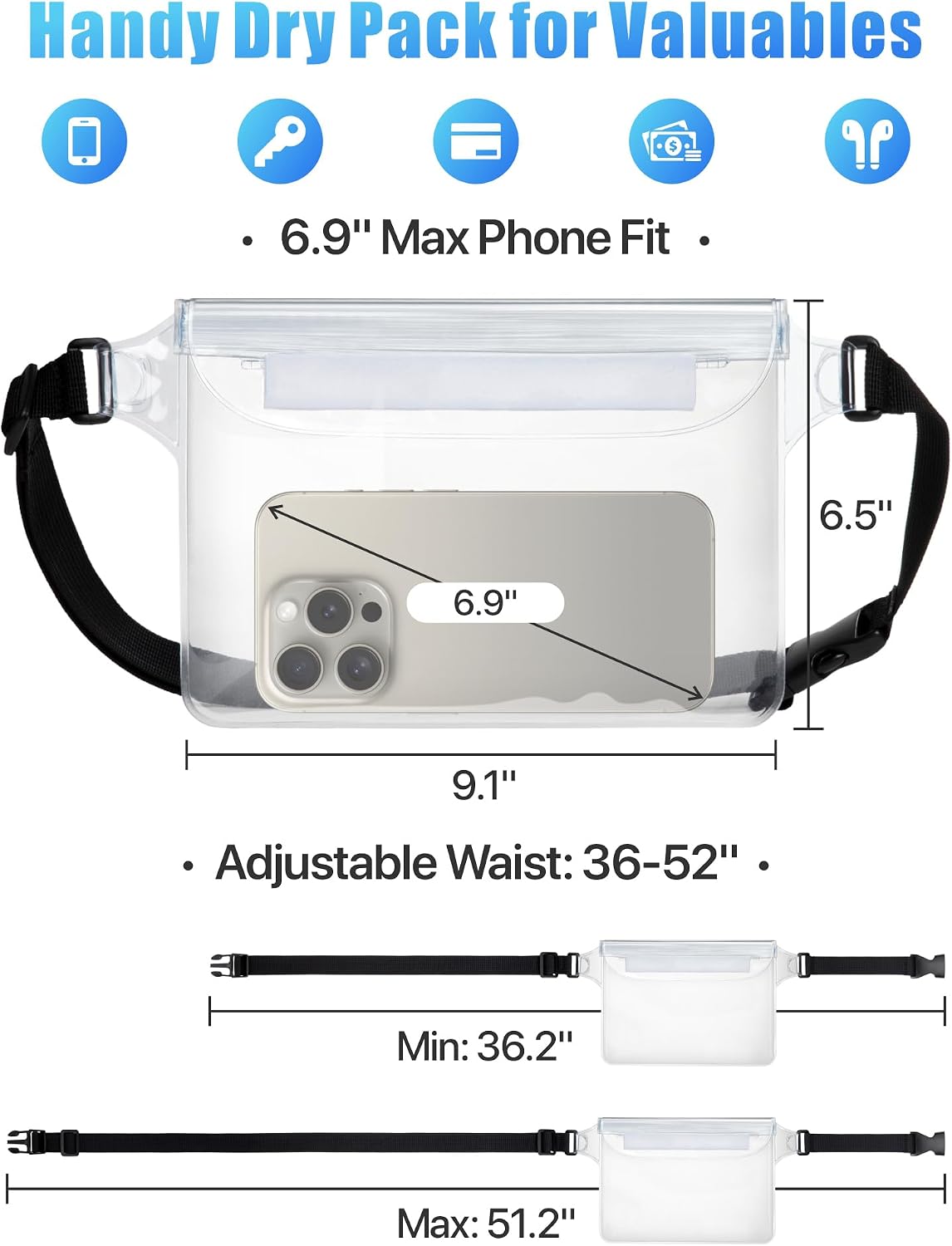 Waterproof Fanny Pack - Waterproof Pouch, Beach Cruise Essentials | Adjustable Waist Strap, Triple Zipper Roll-Top