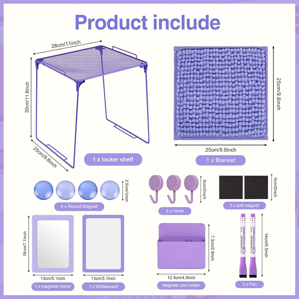 Purple Locker Organizer Accessories with Locker Shelf Whiteboard Mirror Pen Blanket Magnetic Pen Holder Hook Round