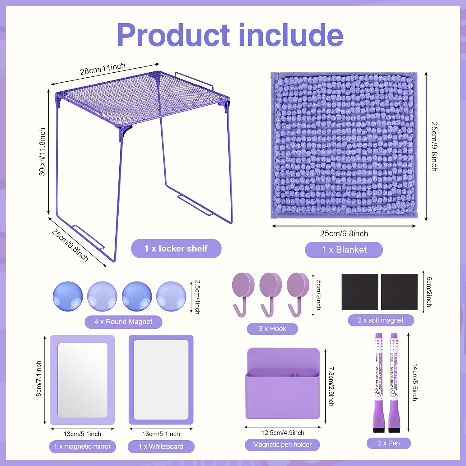 Purple Locker Organizer Accessories with Locker Shelf Whiteboard Mirror Pen Blanket Magnetic Pen Holder Hook Round