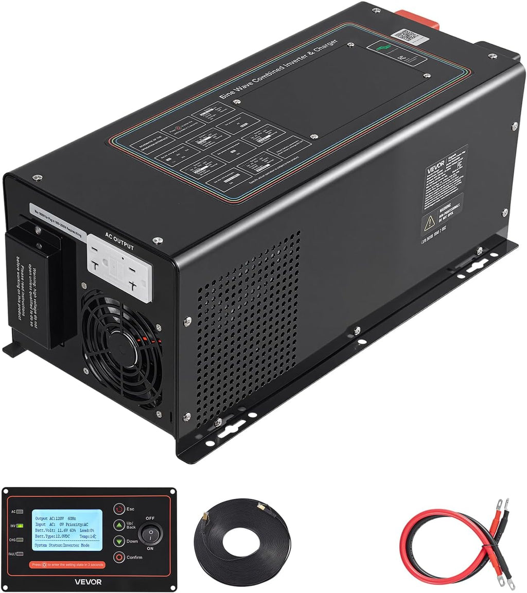 Pure Sine Wave Inverter Charger, 2000W, DC 12V to AC 120V Power Inverter with LCD Display, Remote Control, Low