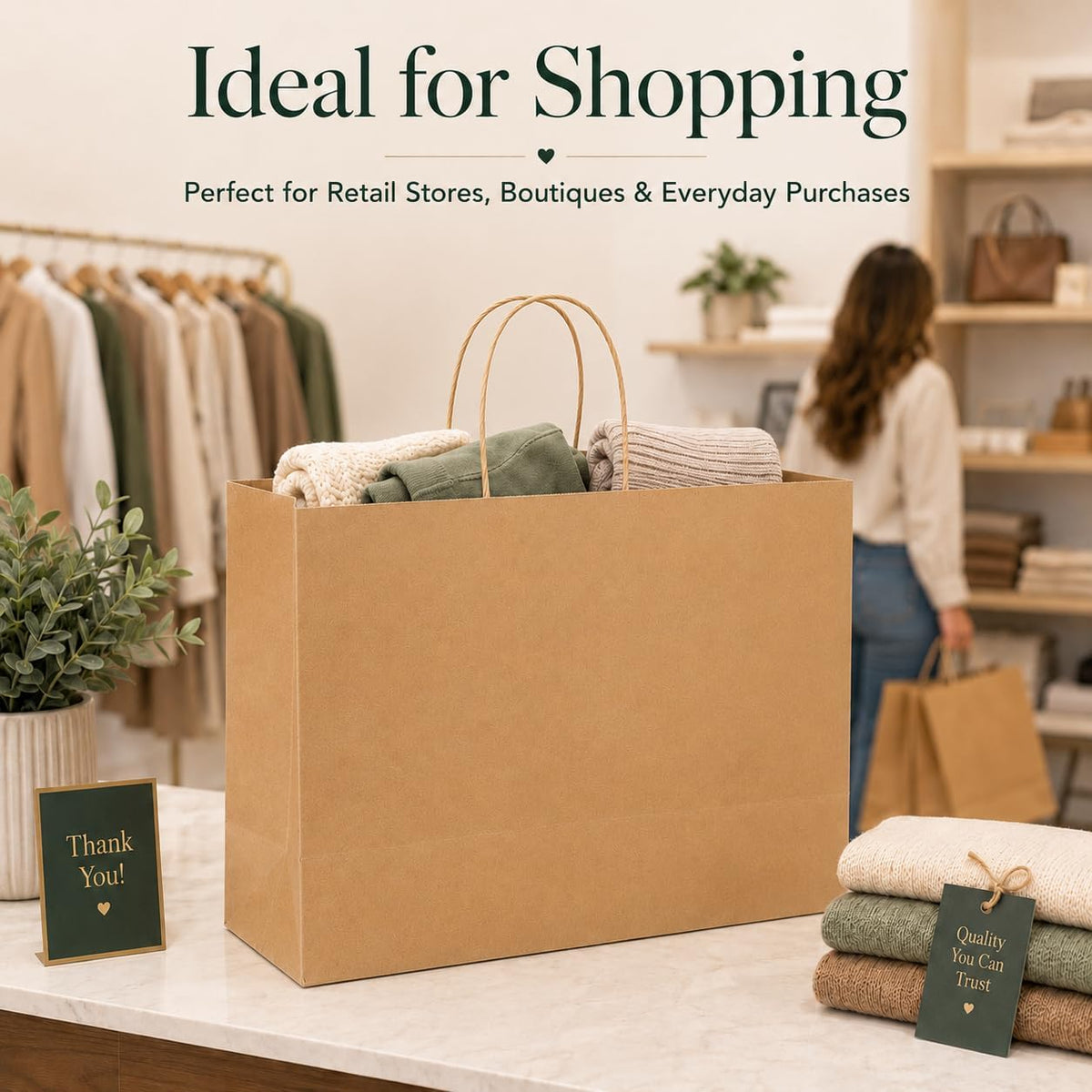 Large Brown Paper Bags with Handles Bulk 16x6x12 200 Pack