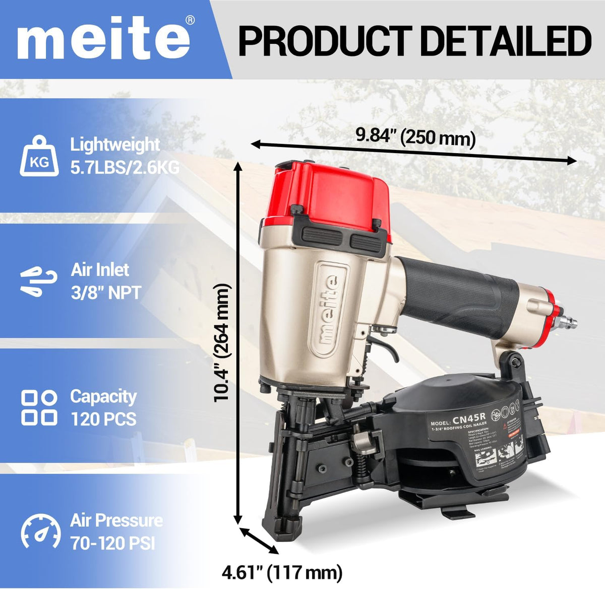 CN45R Roofing Nailer, Drives 15 Degree 7/8" to 1-3/4" Coil Roof Nails