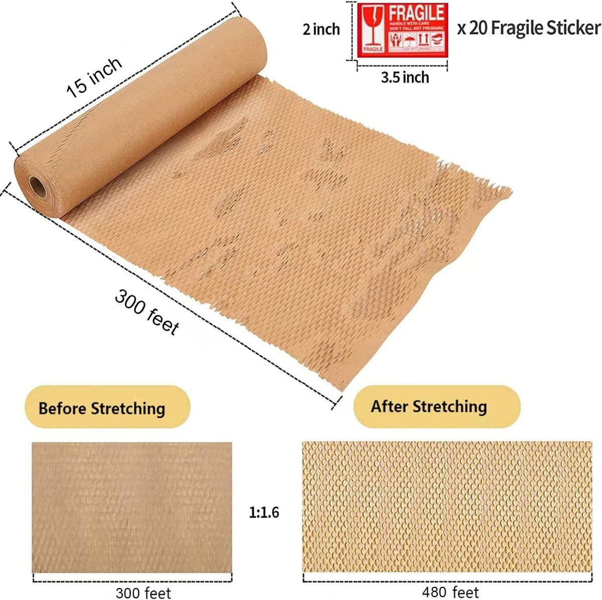 Honeycomb Packing Paper, 15"x300' Honeycomb Cushioning Bubble Wrap Paper Roll for Moving Shipping Breakables