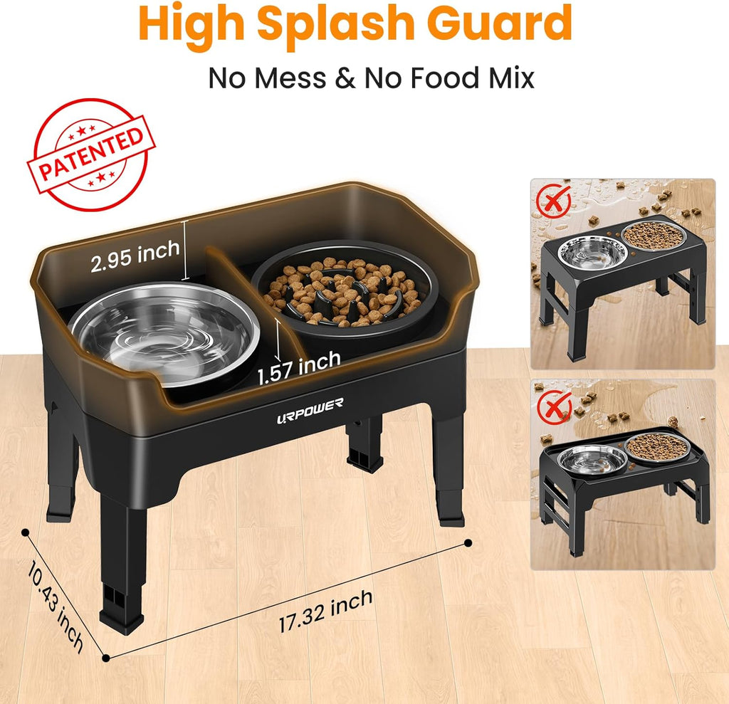 3-in-1 Elevated Dog Bowls - Mess Proof Double Deck 4 Height Adjustable Raised Stand with Stainless Steel Bowl & Slow