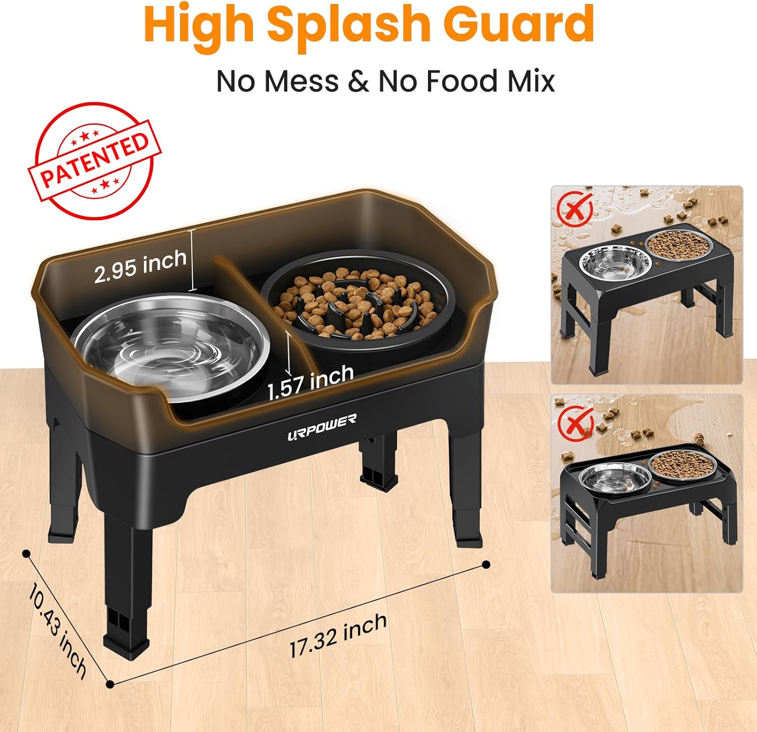 3-in-1 Elevated Dog Bowls - Mess Proof Double Deck 4 Height Adjustable Raised Stand with Stainless Steel Bowl & Slow