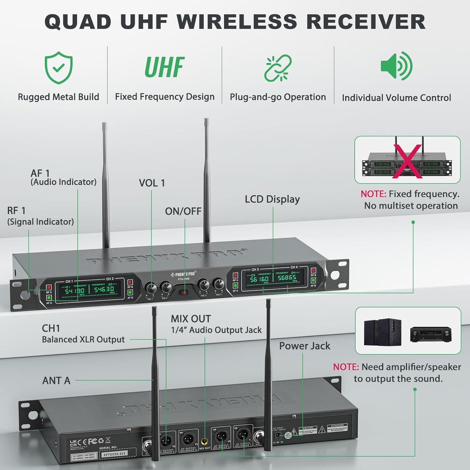 4-Ch UHF Fixed Frequency Wireless Microphone System PTU-5000-4H | 4 Dynamic Handheld Mics, Metal Build, 260 ft Range