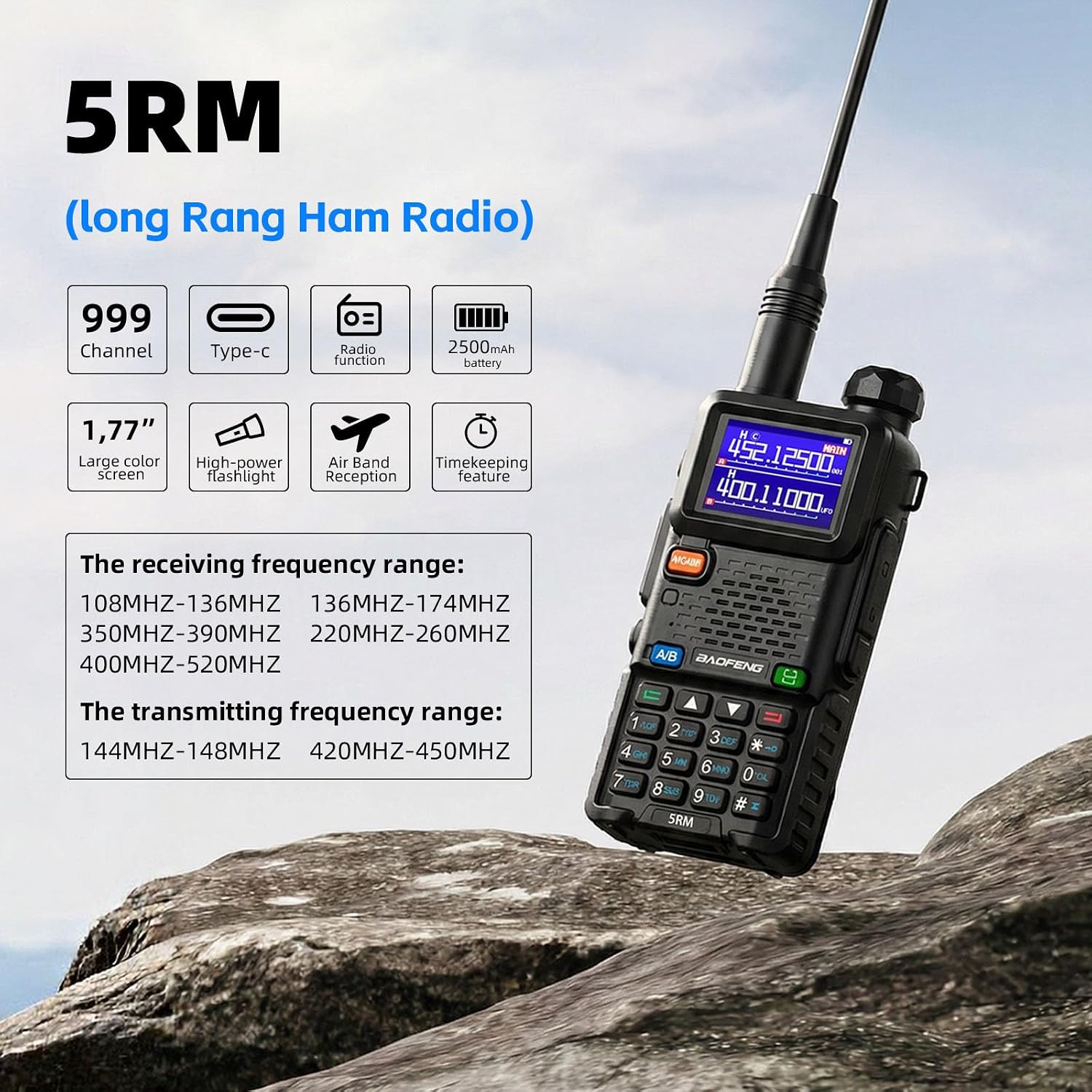 Radio UV-5RM Ham Radio Handheld UV5R Long Range Walkie Talkies | NOAA Weather | Rechargeable |Programming Cable &