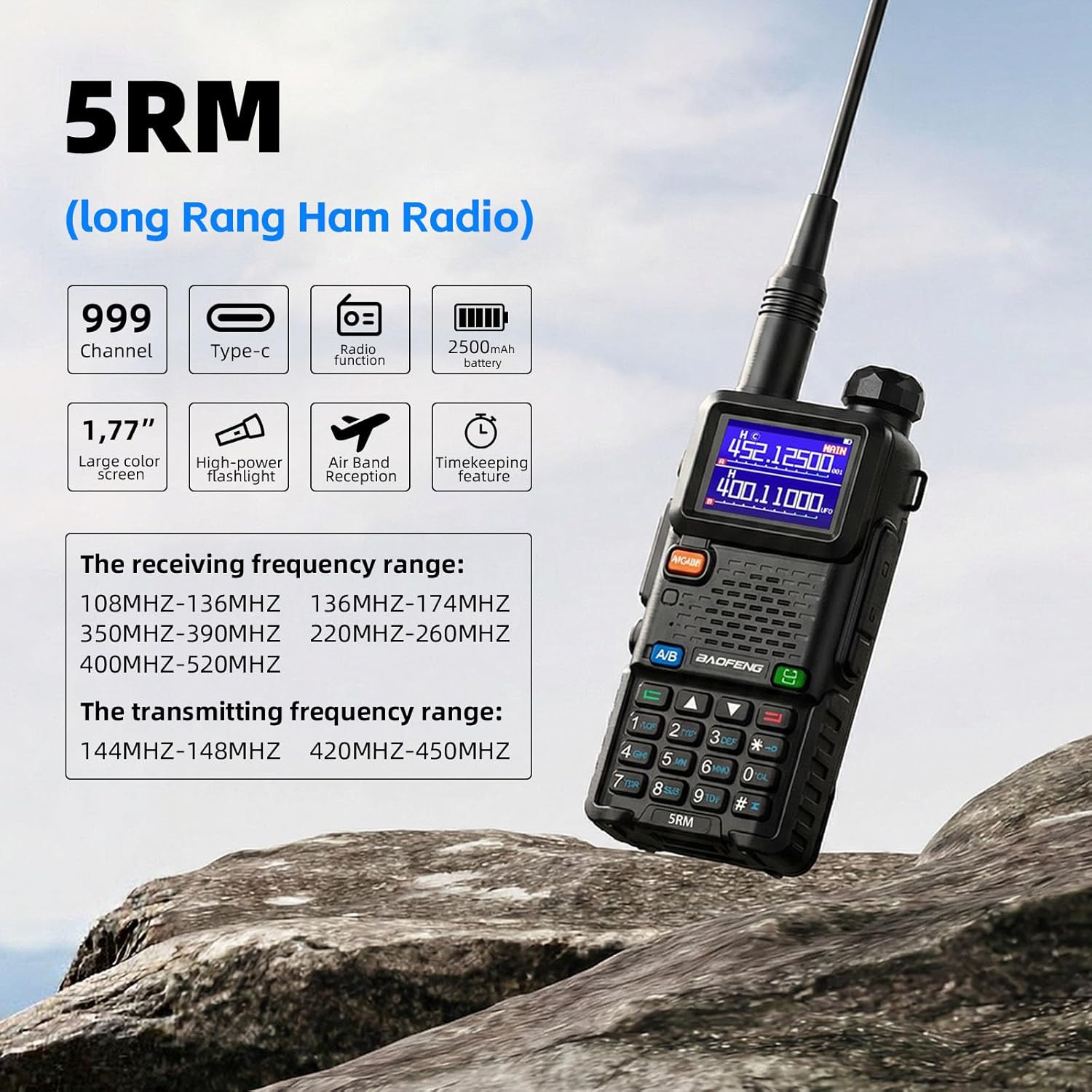Radio UV-5RM Ham Radio Handheld UV5R Long Range Walkie Talkies | NOAA Weather | Rechargeable |Programming Cable &