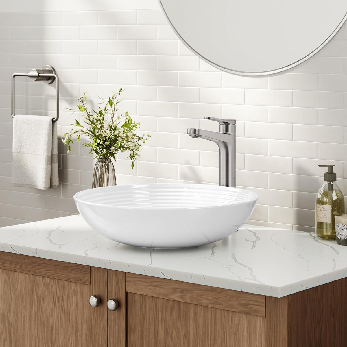 Indy Bathroom Faucet for Vessel Sink in Spot-Free Brushed Nickel with Single Handle, Pop Up Drain and Supply Lines