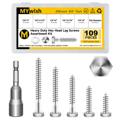1/4 Hex Head Lag Screws Assortment Kit, 109Pcs Heavy Duty Lag Bolts with Washers, 304 Stainless Steel Bolts 18-8