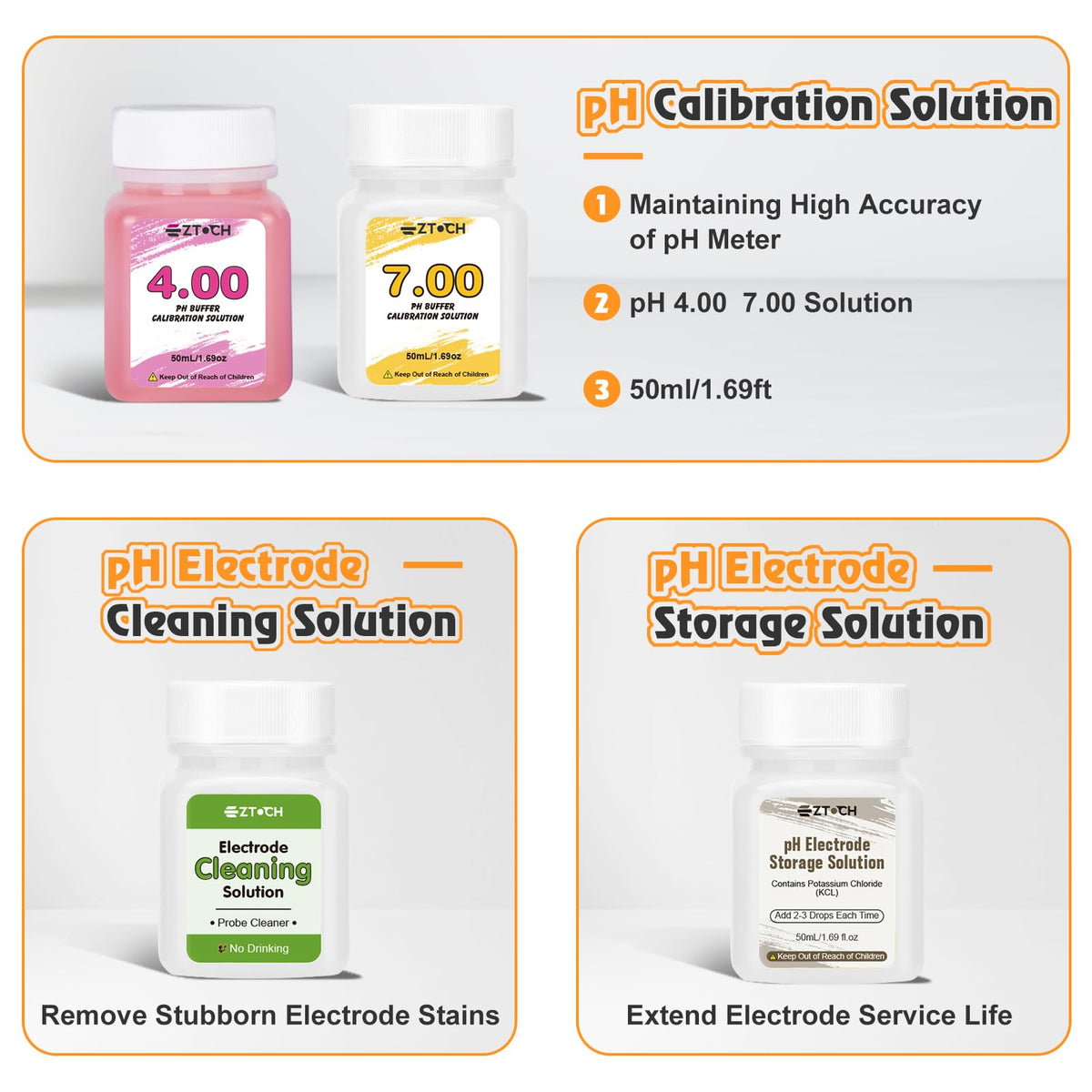 pH Buffer Calibration Solution 4,0 7,0 KCL Storage&Cleaning Solution