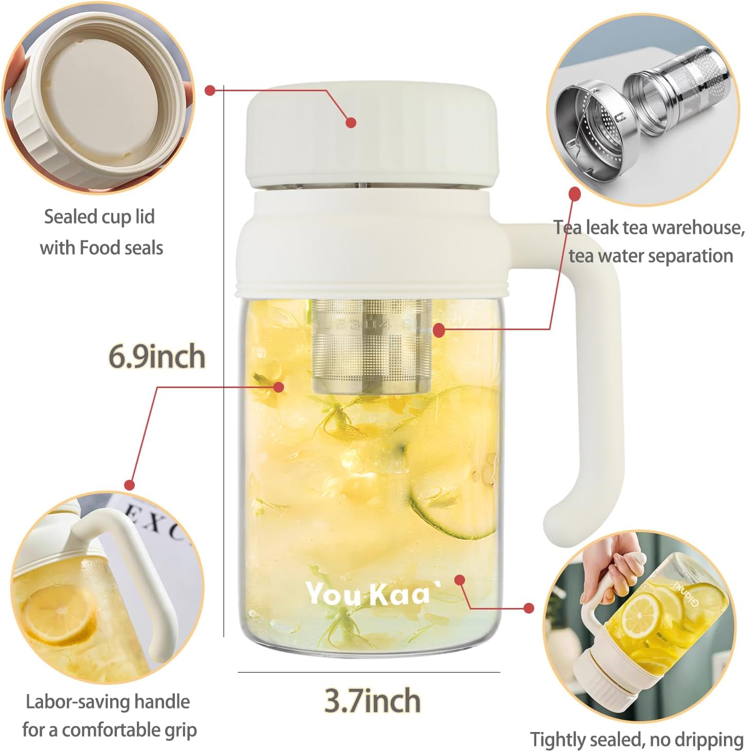 32oz Glass Water Bottle, Tea Bottle with Infuser & Handle, BPA-Free Leakproof Wide Mouth Large Tea Infuser cup for
