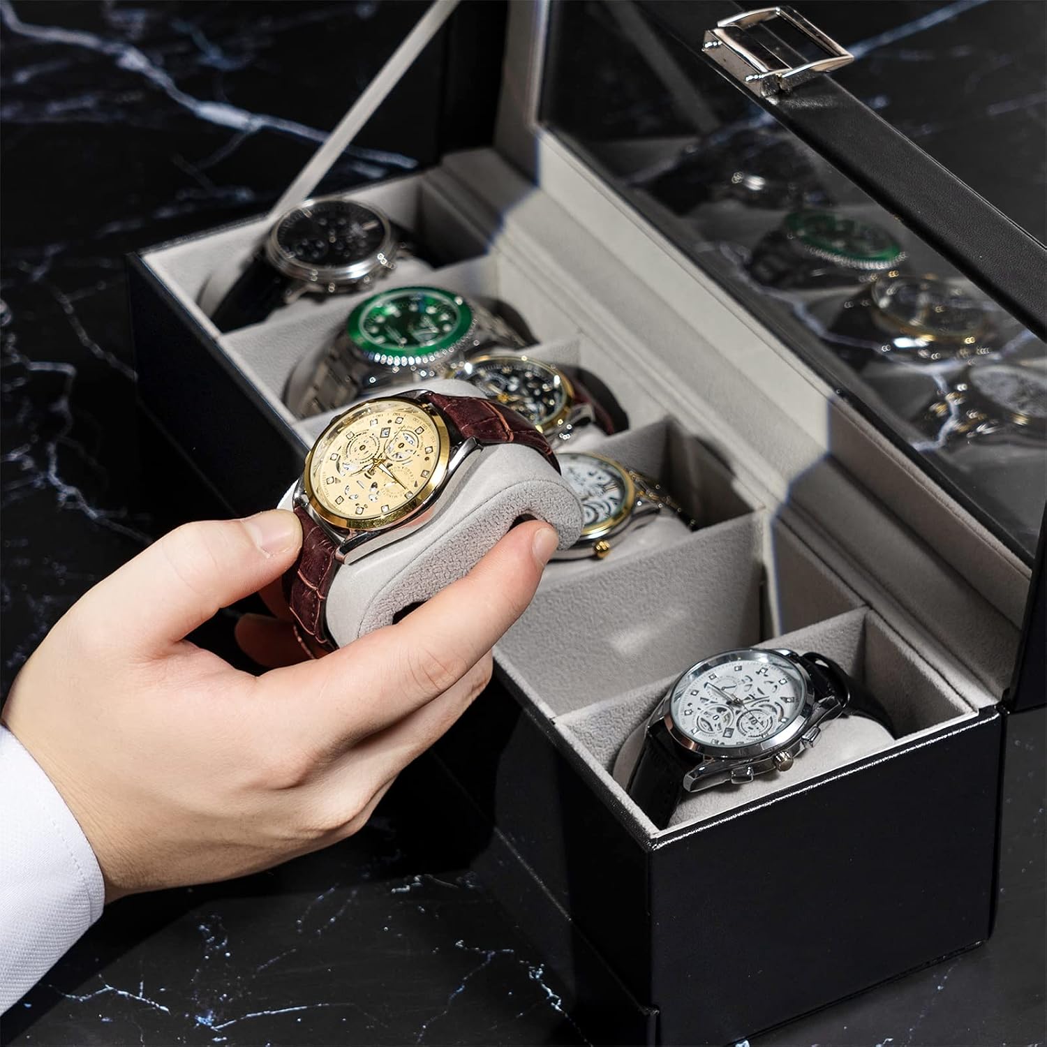 Watch Box, 6 Slot Watch Display Case with Drawer -Black | Mens Watches Case with Glass Lid, 2-Layer Mens Jewelry