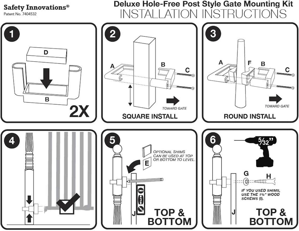 No Hole Stairway Baby Gate Mounting Kit - Fits Posts from 2 3/4 inches to 3 1/2 inches Wide with Square or Round Tops