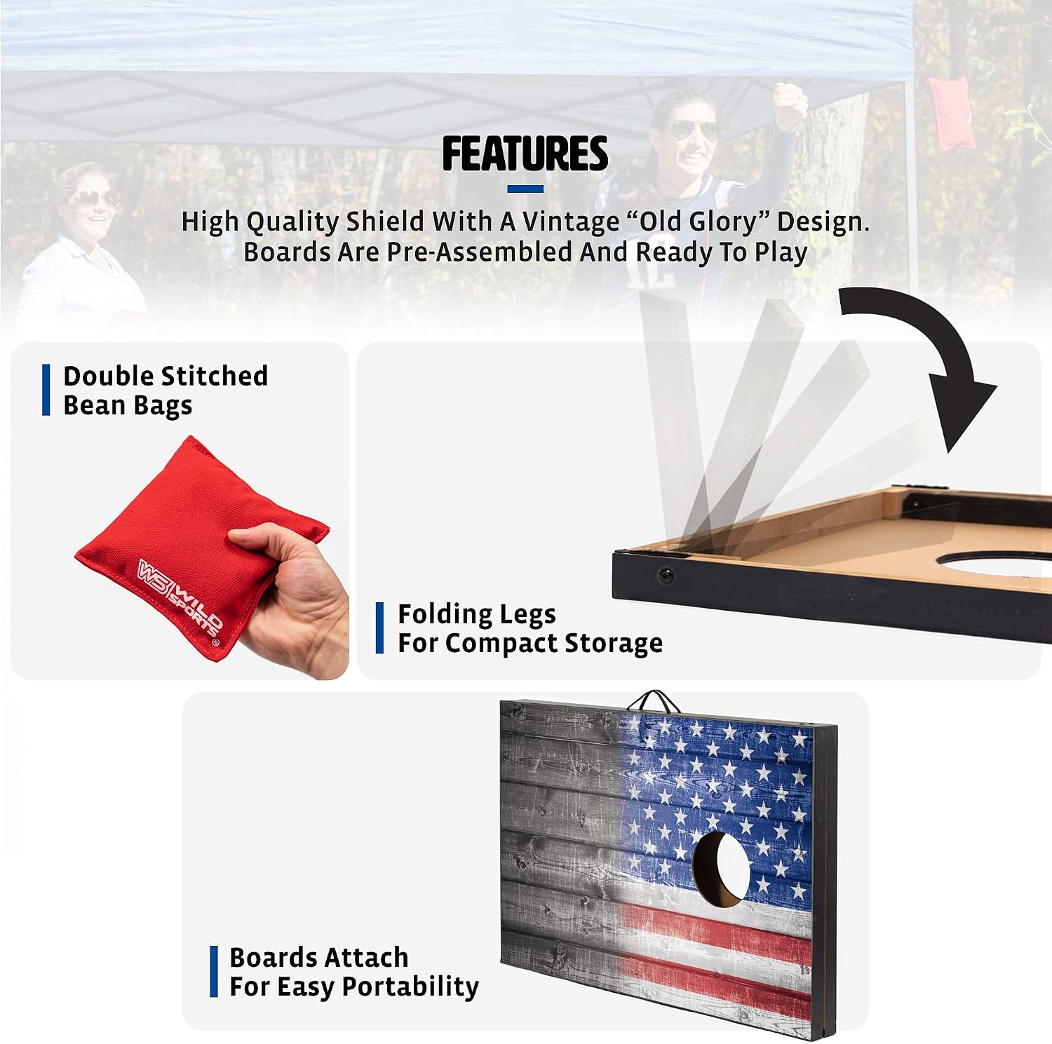 Stars & Stripes Cornhole Board Set, 2 Boards & 8 Bean Bags | Pre-Assembled Bean Bag Toss, Built-In Handle