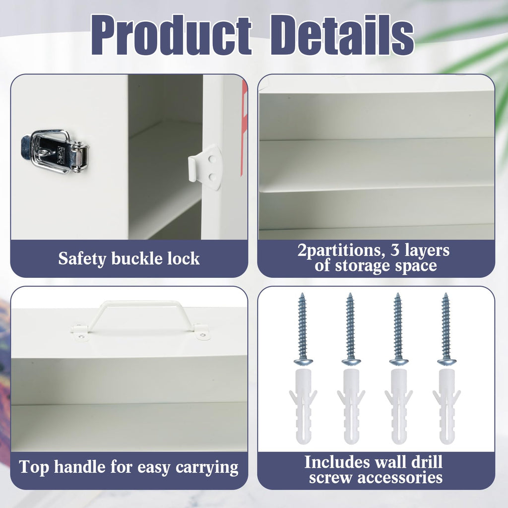 First Aid Kit with Lock 3 Shelf Wall Mount Medicine Cabinet White