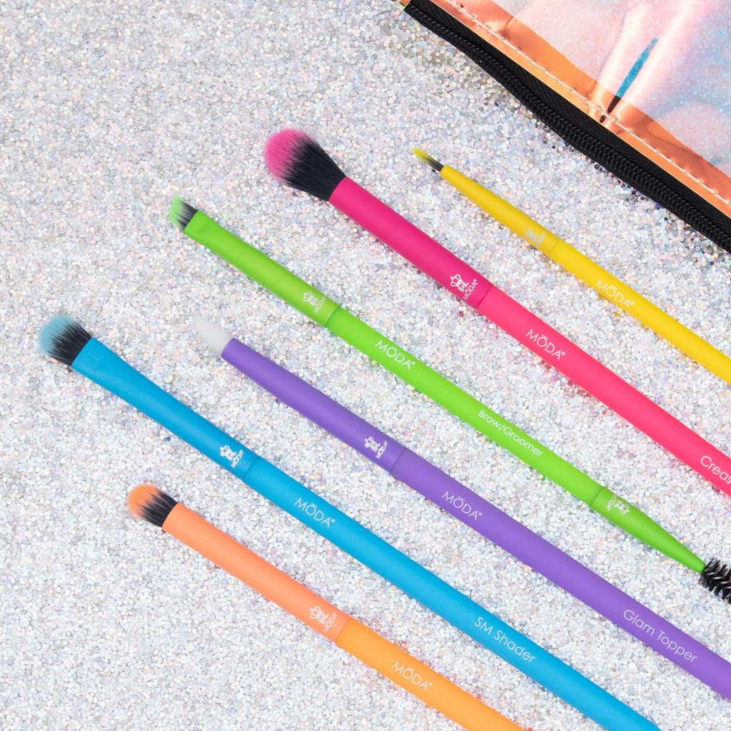 MODA Totally Electric 7pc Bright Eye Makeup Brush Kit, Vegan, Travel Case