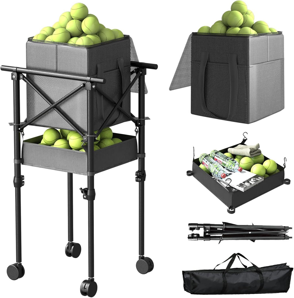 Tennis Ball Hopper with Wheels, Foldable Pickleball Basket