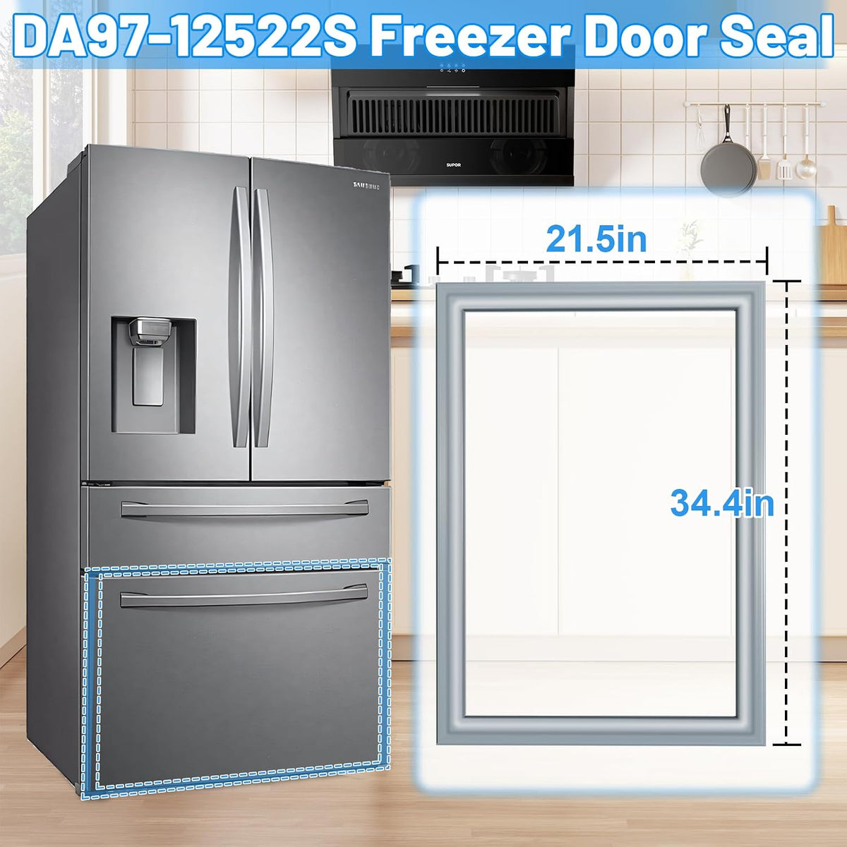 Upgraded DA97-12522S Freezer Door Gasket Compatible with Samsung Refrigerator Freezer Door Gasket Seal 21.5"x34.4" DA97-22753A Refrigerator French Door Gasket Freezer Seal Gray RF28HMEDBSR/AA Gasket