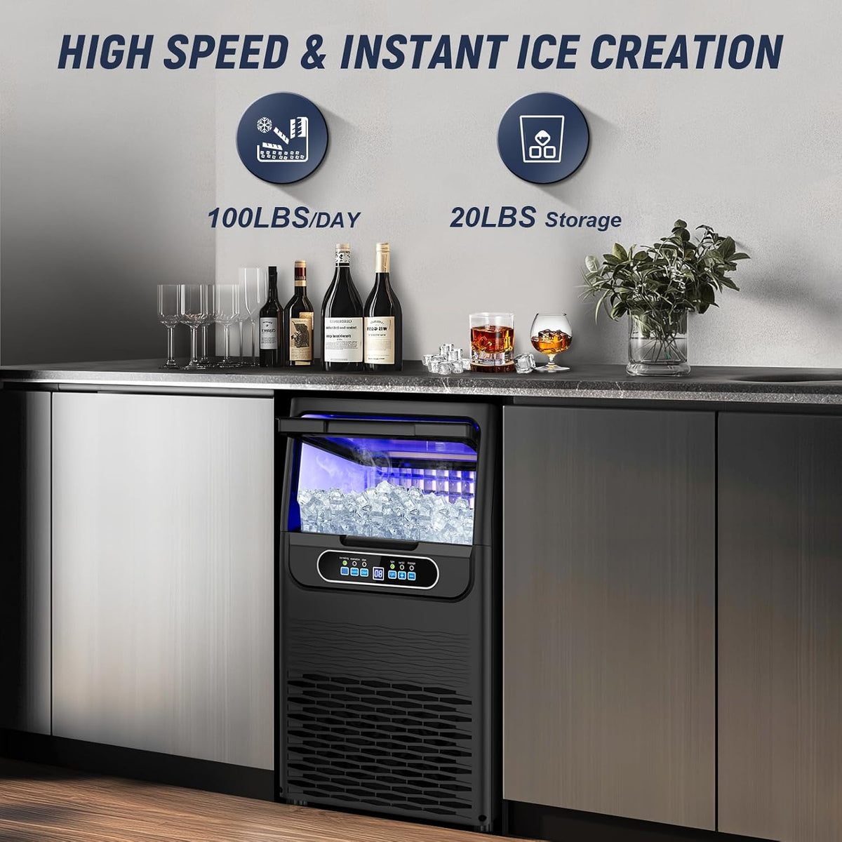 Under Counter Ice Maker Machine, 100LBS/24H, 20LBS Capacity