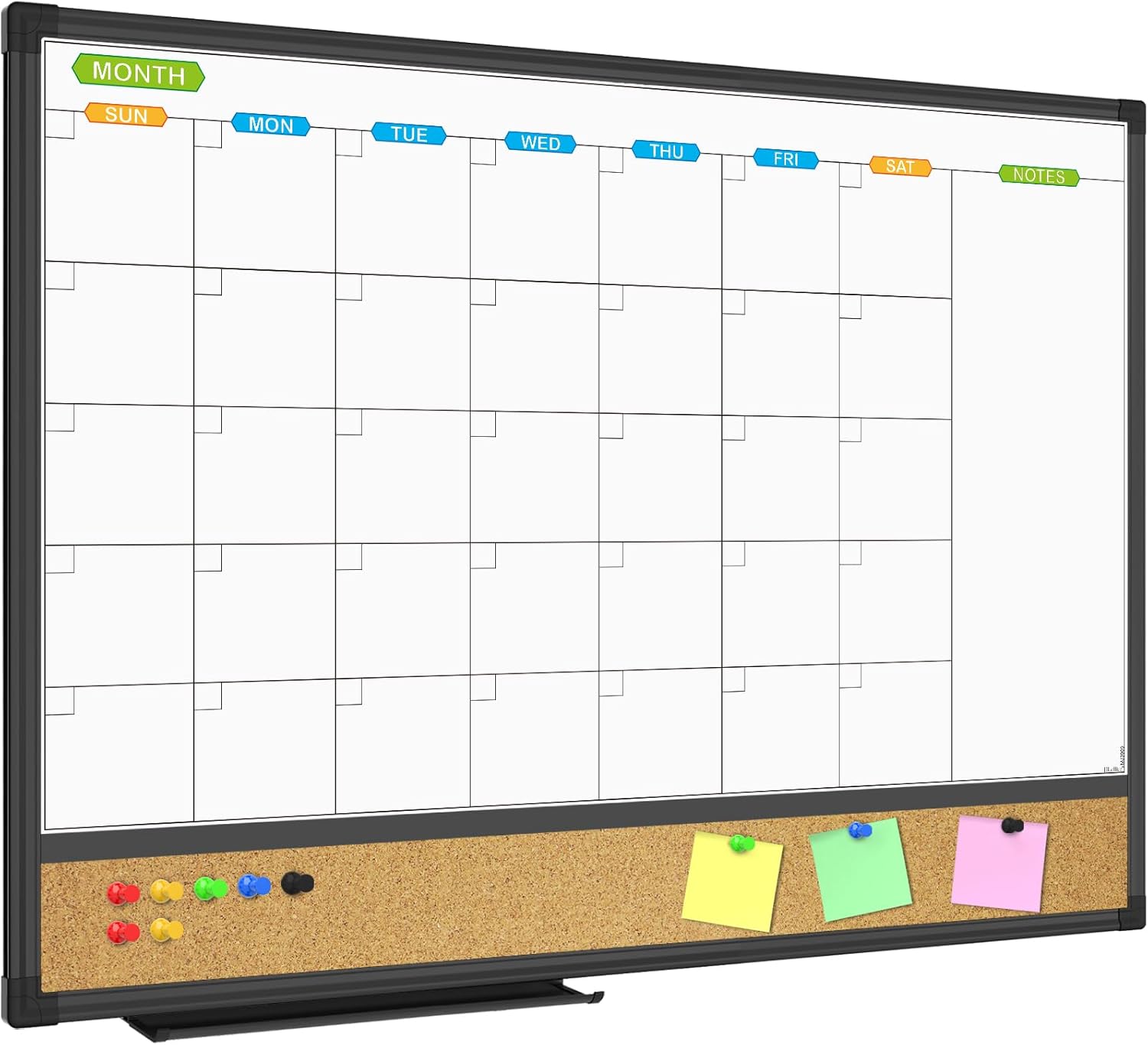 Magnetic Calendar Whiteboard & Bulletin Corkboard Combination, Combo Board 24 x 18 Inch, Black Aluminum Frame Wall