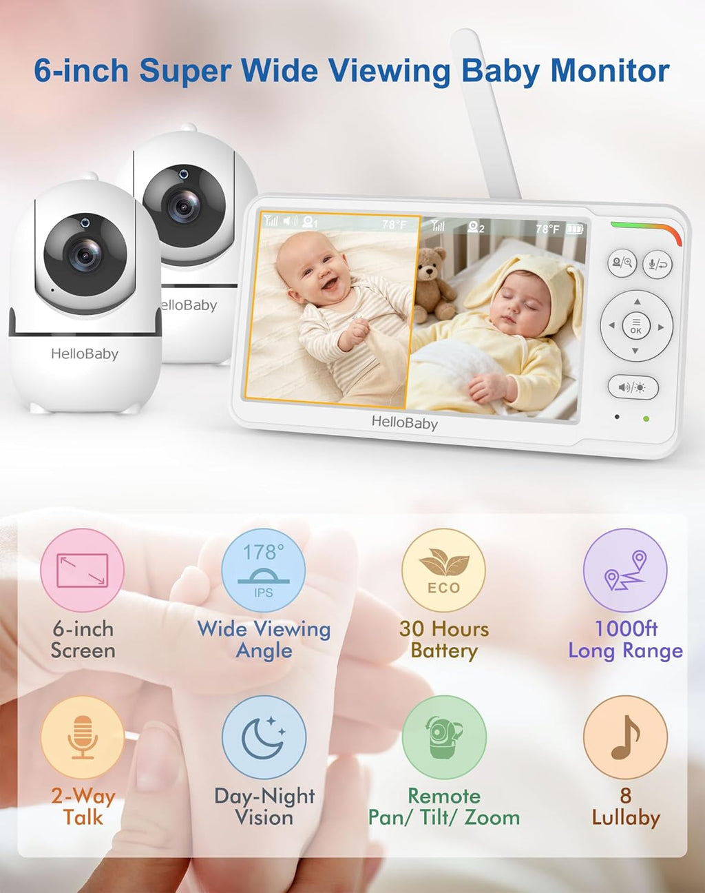 Baby Monitor with 2 Cameras, World First 6" IPS Split Screen, Double Cams No WiFi, 30H Battery, 1000ft Range, 2-Way