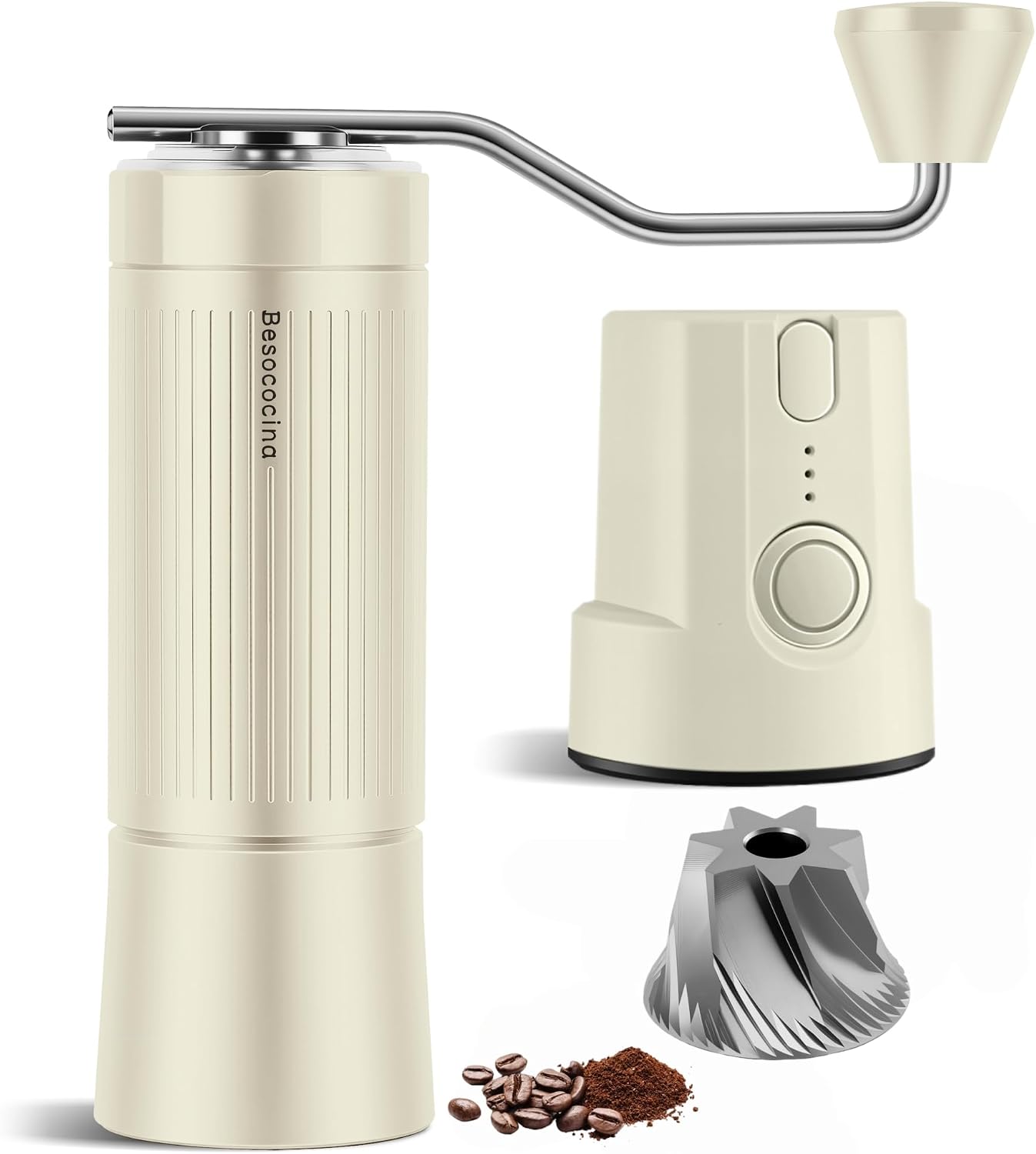 Burr Coffee Grinder 2-in-1 Manual/Electric, Milky | 40mm Stainless Steel Conical Burr, USB Rechargeable, 16 Grind