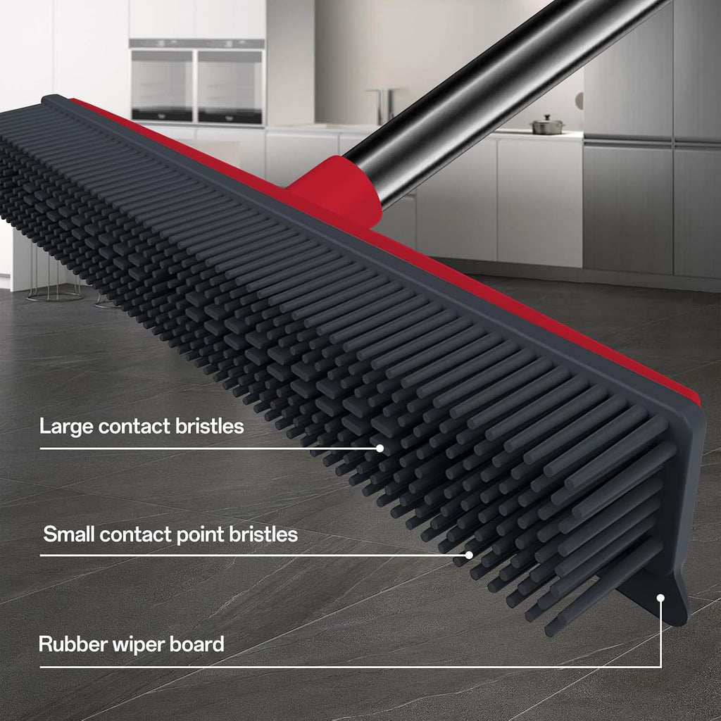 50" Carpet Rake Pet Hair Removal, Rubber Broom with Built-in Squeegee, Red