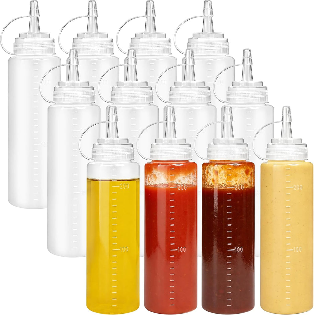 12 Pack 8 oz Plastic Condiment Squeeze Bottles,Multipurpose Squirt Bottles,Clear Sauce Bottle with Lids for