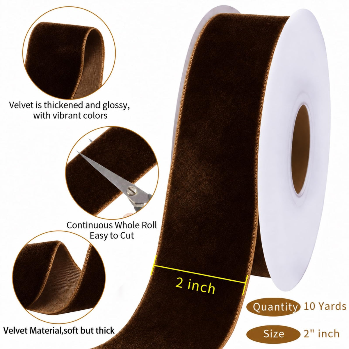10 Yards Brown Velvet Ribbon for Christmas Tree, 2 Inch