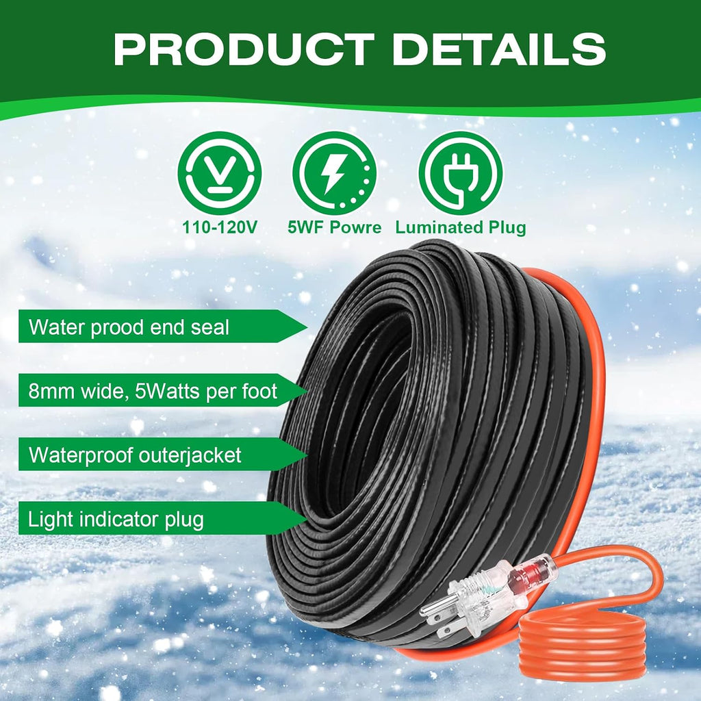 3FT-200FT Pipe Heating Cable for Water Pipes, Heat Tape for Water Pipe | Heat Cable for Water Pipes(Metal and