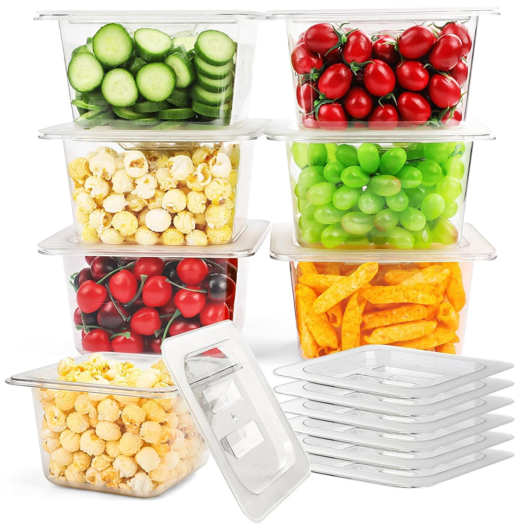 6 Pack Plastic Food Pan with Lids 1/6 Size 4 Inch Deep