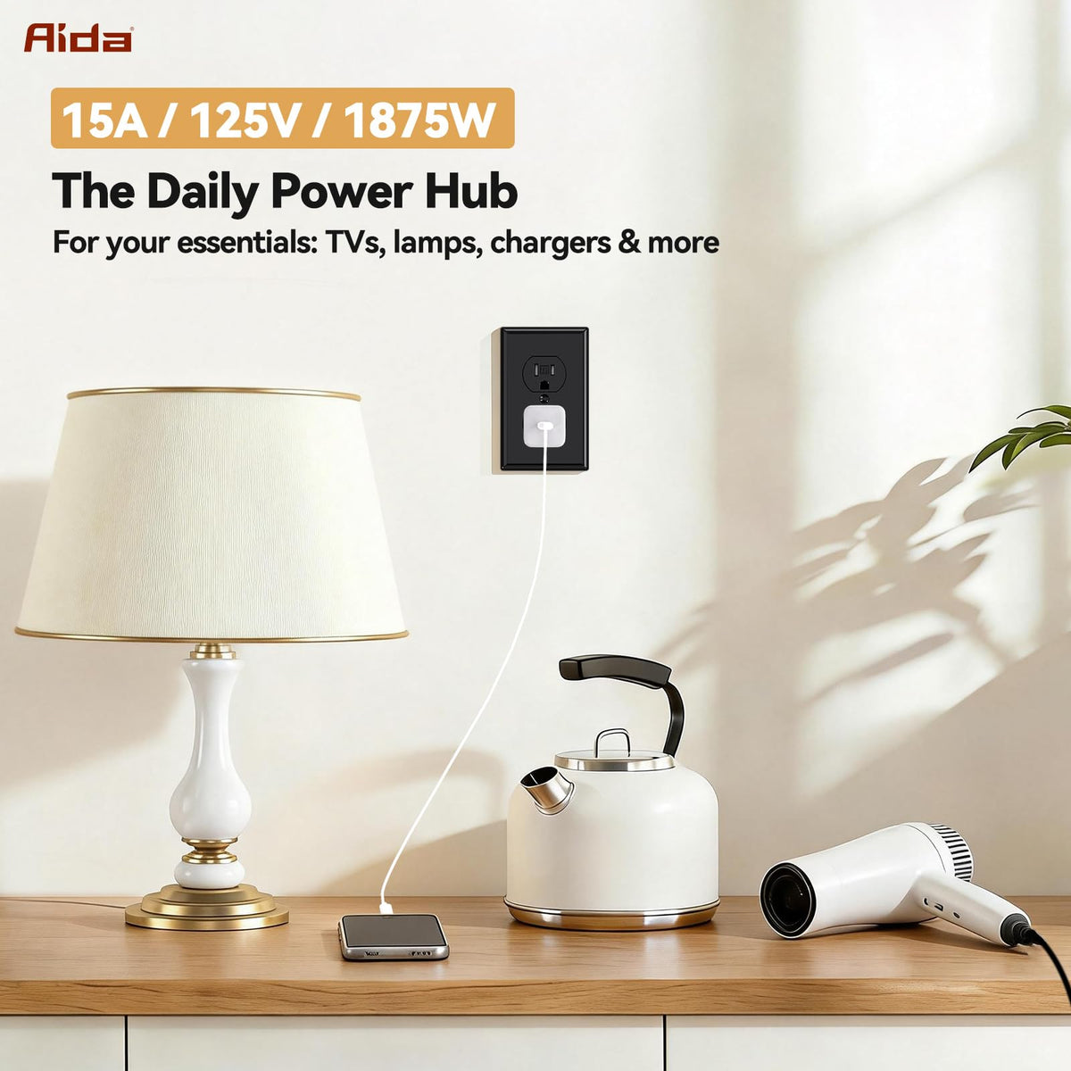 AIDA 15A TR Duplex Outlet Receptacle with Wall Plate, Black, 1 Pack